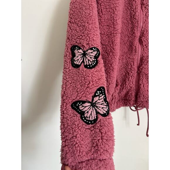 Pink Crave Fame Butterfly Fleece Cropped Jacket L - Picture 3 of 5